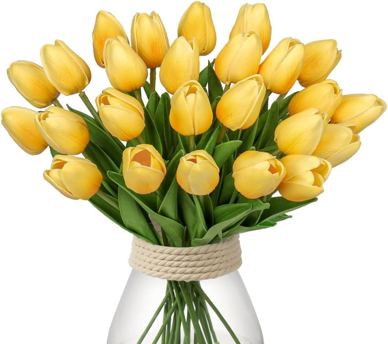 24 Pcs Yellow Artificial Tulips Real Touch PU Faux Flowers, 13.5 Inch Silk Tulips with Stems, Faux Tulip Bouquet for Vase, Home Decor, Wedding, Mother’s Day Centerpieces